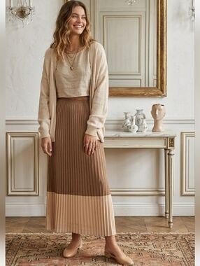 Italian two tone maxi pleated skirt size 38 Small @K